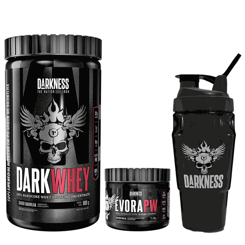 Pack Dark Whey 900g Baunilha + Évora Pw Frutas Vermelhas 150g + Coqueteleira Darkness 1L