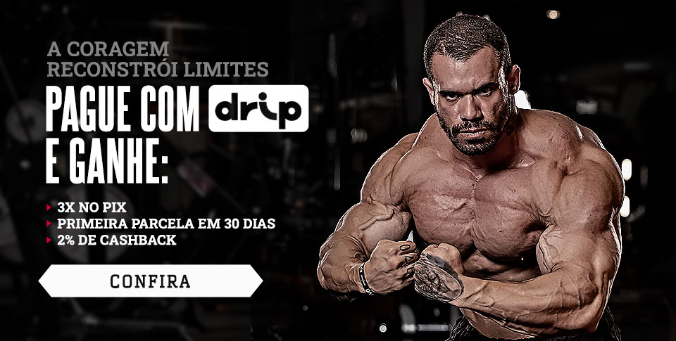 Um atleta da Darkness fazendo pose. Ao lado disso está escrito: Aqui, seus limites são reescritos! Aproveite as condições insanas pagando com drip. 3X sem juros no PIX, mais primeira parcela em até 30 dias e mais 2% de cashback, confira!